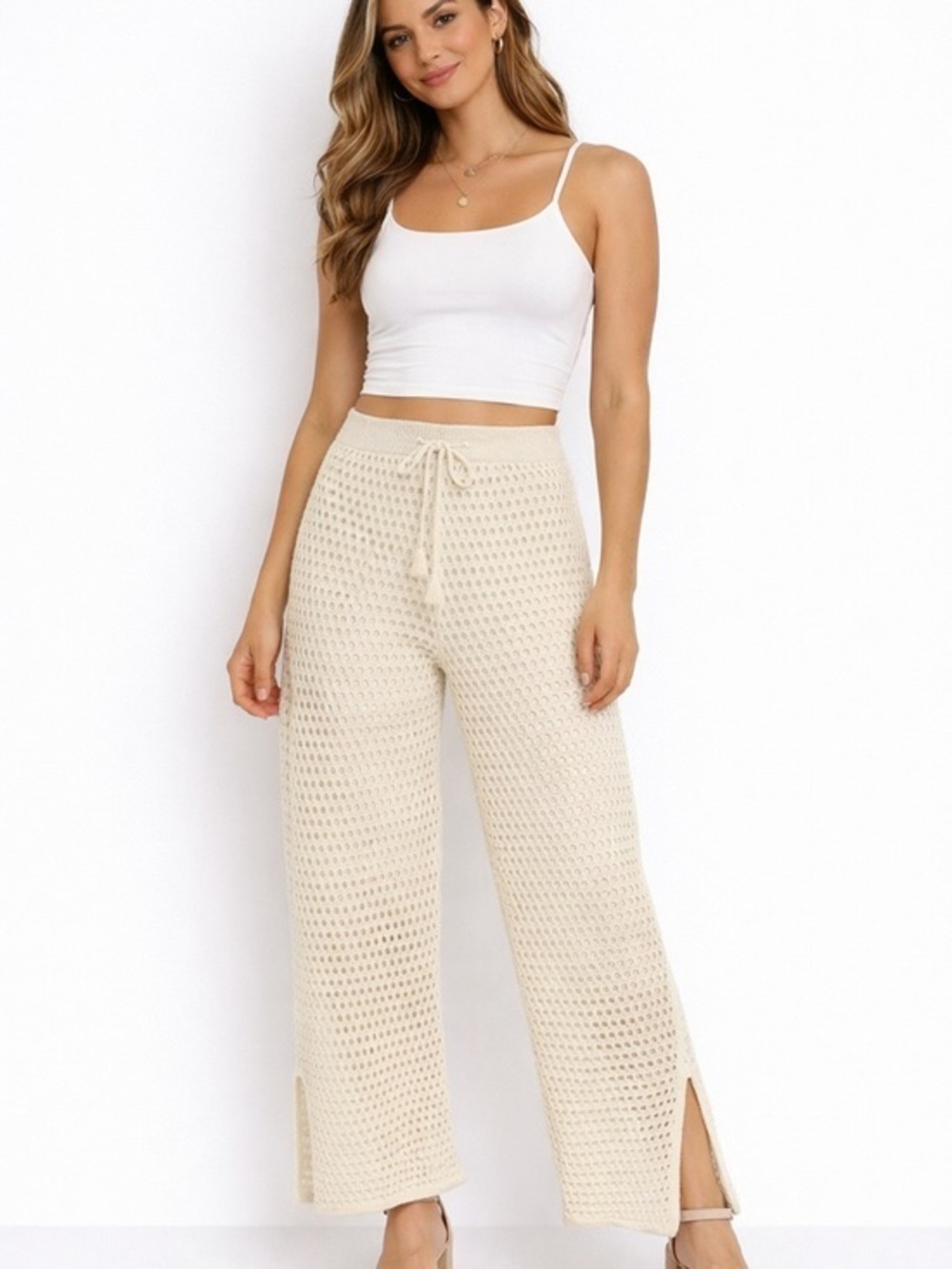 Women's Cream Crochet Wide-Leg Drawstring Pants